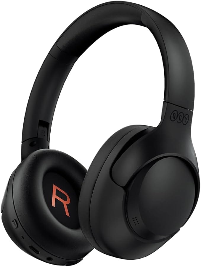 Fone de ouvido preto com tecnologia Bluetooth e cancelamento de ruído ativo, ideal para viagens