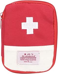 Kit de primeiros socorros vermelho com símbolo de cruz branca, ideal para emergências em viagens