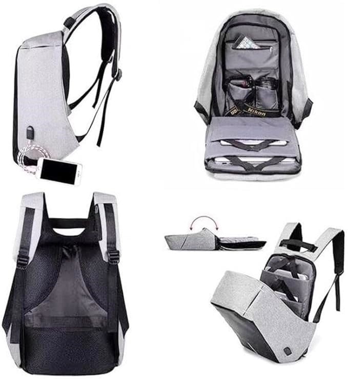 Mochila antifurto cinza com porta USB e divisórias internas, ideal para mães viajantes. Presentes ideais para Mães Viajantes.
