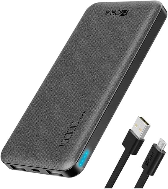 Carregador portátil preto com capacidade de 10000mAh e cabo USB, ideal para viagens