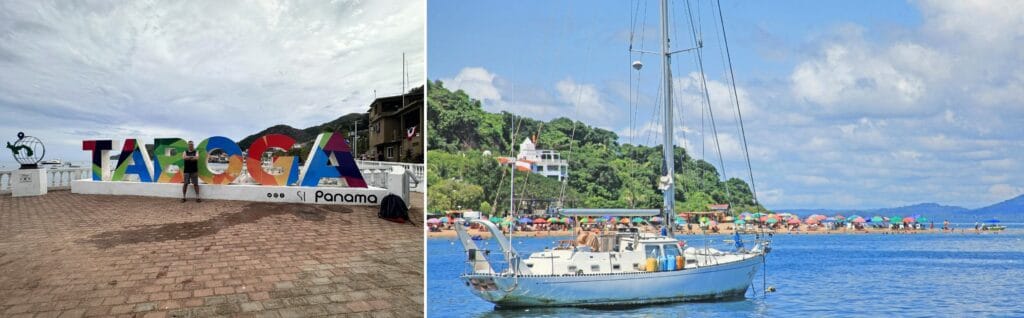 Montagem com o letreiro de Taboga e a praia cheia de guarda-sóis e barcos na ilha panamenha. è com certeza um dos passeios imperdíveis no Panamá.