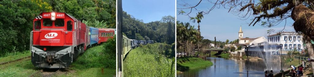 Mosaico de fotos de Morretes, PR, mostrando sua arquitetura colonial e natureza exuberante. Passeios imperdíveis Curitiba.