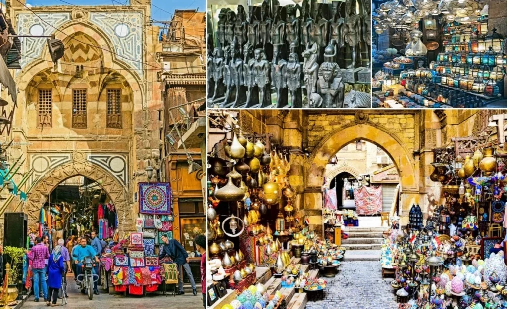 Mosaico de imagens do Bazar Khan El Khalili, no Cairo, com artesanato egípcio, luminárias, tecidos coloridos e estátuas faraônicas. Roteiro de 10 dias pelo Egito.