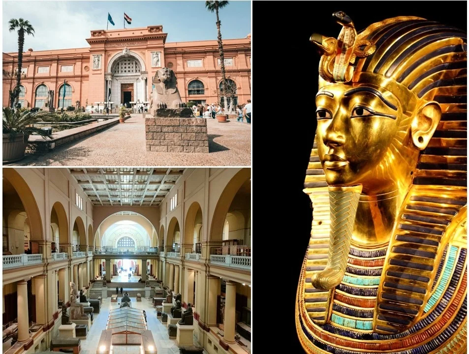 Mosaico do Museu Egípcio do Cairo com fachada, interior e máscara dourada do faraó Tutancâmon. Roteiro de 10 dias pelo Egito.