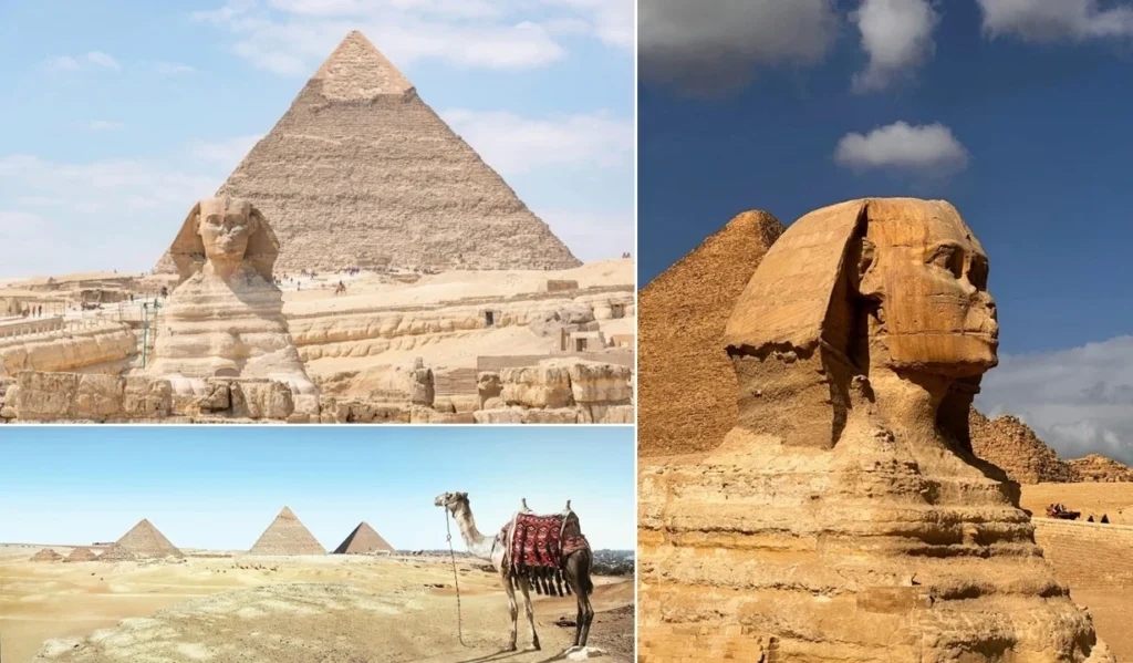 Mosaico com imagens das Pirâmides de Gizé, a Esfinge e um camelo no deserto egípcio. Roteiro de 10 dias pelo Egito.