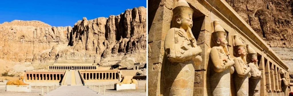 Mosaico do Templo de Hatshepsut com fachada monumental e colunas com estátuas da rainha-faraó. Roteiro de 10 dias pelo Egito.