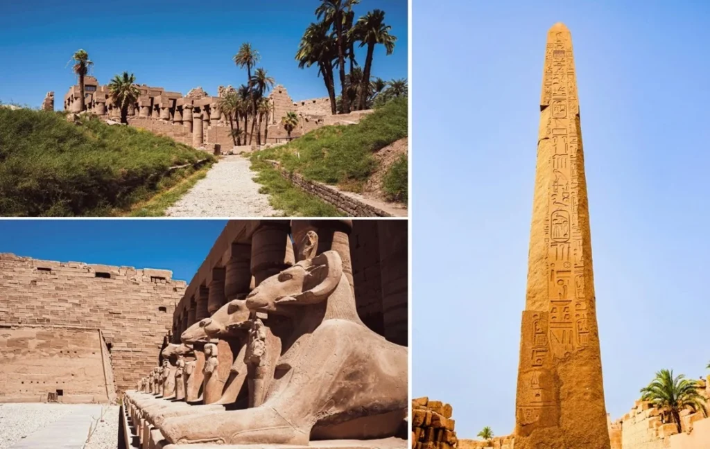 Imagens do Templo de Karnak em Luxor, com esfinges, obelisco e ruínas monumentais do Antigo Egito. Roteiro de 10 dias pelo Egito.