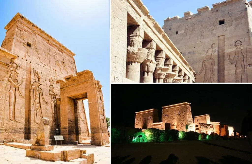 Mosaico do Templo de Philae em Aswan, com relevos egípcios, colunas esculpidas e iluminação noturna. Roteiro de 10 dias pelo Egito.