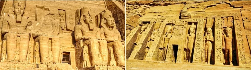 Mosaico com os templos de Abu Simbel, com estátuas monumentais de Ramsés II e da rainha Nefertari esculpidas na rocha. Roteiro de 10 dias pelo Egito.