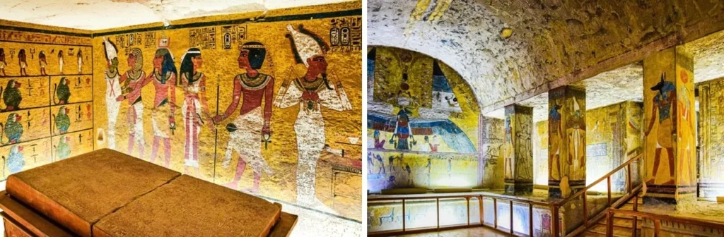 Mosaico de túmulos decorados no Vale dos Reis, com pinturas e relevos egípcios antigos. Roteiro de 10 dias pelo Egito.