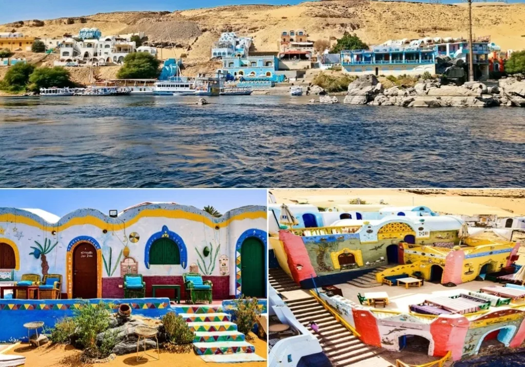 Casas coloridas da Vila Núbia às margens do Rio Nilo, próximas a Aswan, Egito. Roteiro de 10 dias pelo Egito.