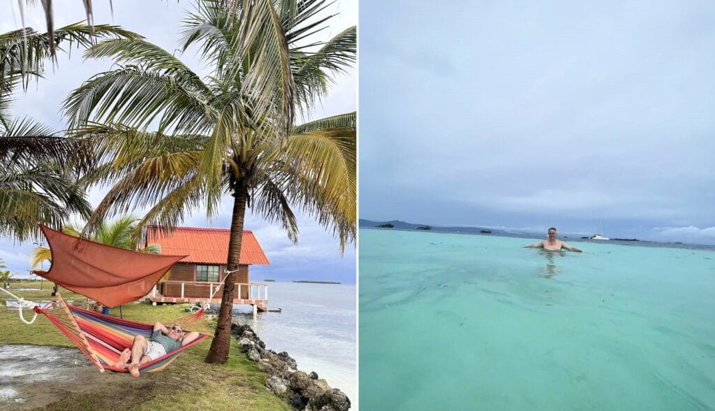 Montagem com viajante deitado em rede entre coqueiros e nadando nas águas cristalinas de San Blás, no Panamá. É, com certeza, um dos passeios imperdíveis no Panamá.