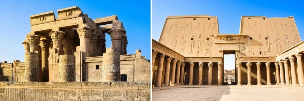 Fachadas e colunas dos templos de Kom Ombo e Edfu, dois dos mais bem preservados monumentos do Egito Antigo. Roteiro de 10 dias pelo Egito.
