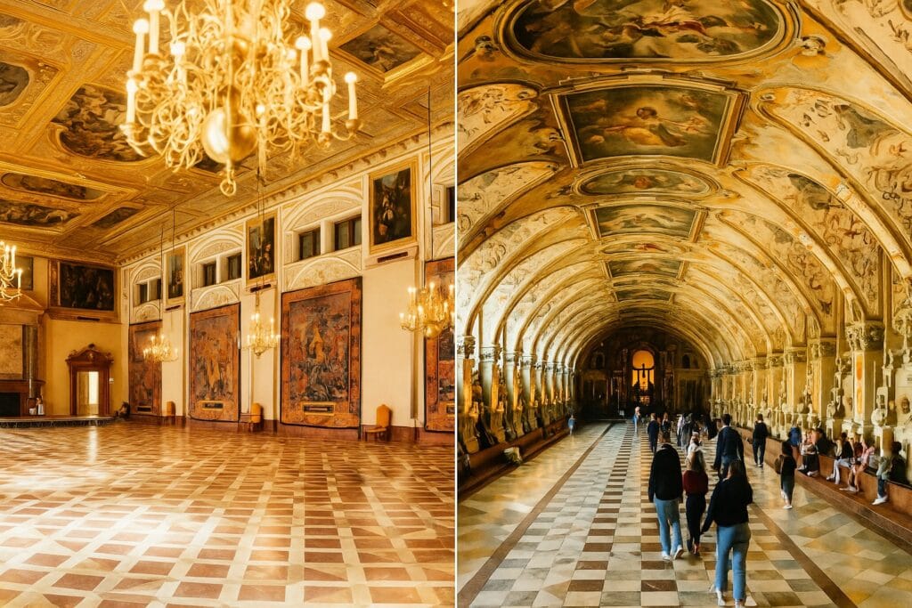 Imagens dos interiores do Residenz de Munique, incluindo o Salão de Festas dourado com lustres e afrescos e a Antiga Galeria com esculturas iluminadas. Roteiro de 5 dias em Munique.