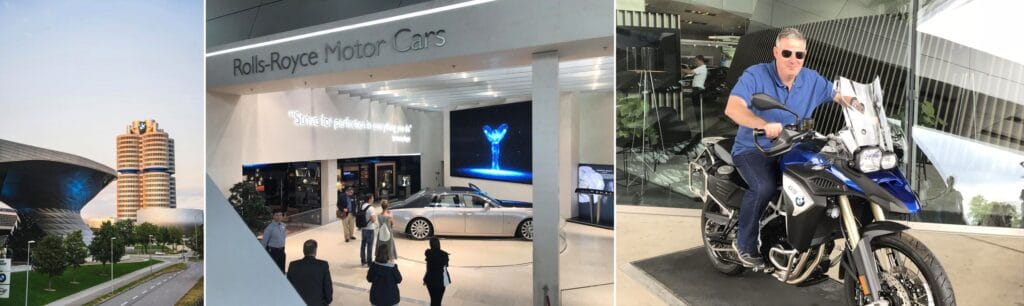 Mosaico com fachada moderna do BMW Welt, Rolls-Royce em exposição e visitante em moto BMW GS. Roteiro de 5 dias em Munique.