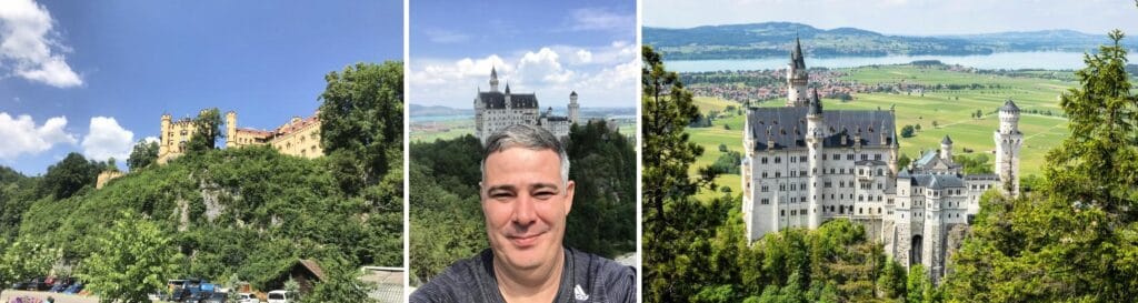 Mosaico com imagens do Castelo Hohenschwangau e do Castelo Neuschwanstein na Alemanha. Roteiro de 5 dias em Munique.