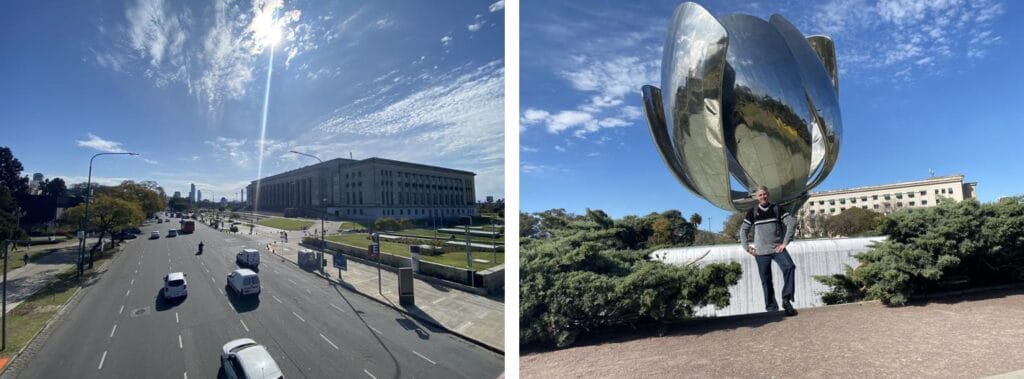 Mosaico com vista panorâmica da Faculdade de Direito em Buenos Aires e Floralis Genérica. Roteiro de 6 dias em Buenos Aires.