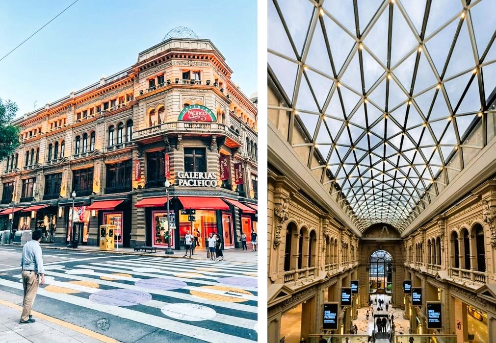 Mosaico com a fachada e o interior das Galerías Pacífico, tradicional shopping de Buenos Aires. Roteiro de 6 dias em Buenos Aires.