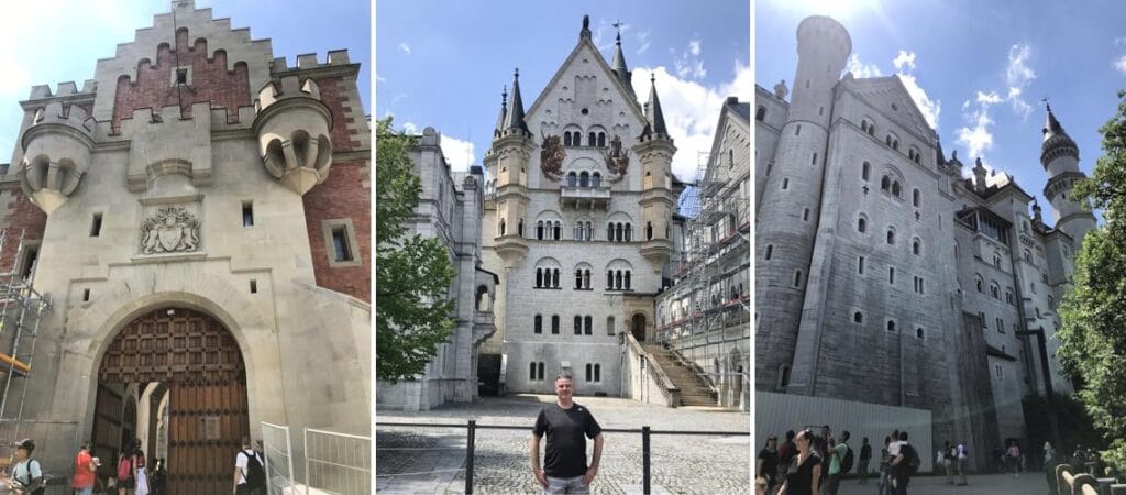 Mosaico com imagens da entrada principal, fachada frontal e lateral do Castelo de Neuschwanstein, com visitantes e detalhes da arquitetura. Bate e volta ao Castelo de Neuschwanstein.