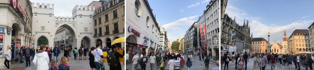 Mosaico com três fotos mostrando as movimentadas ruas Kaufingerstrasse e a histórica Marienplatz em Munique, Alemanha. Roteiro de 5 dias em Munique.