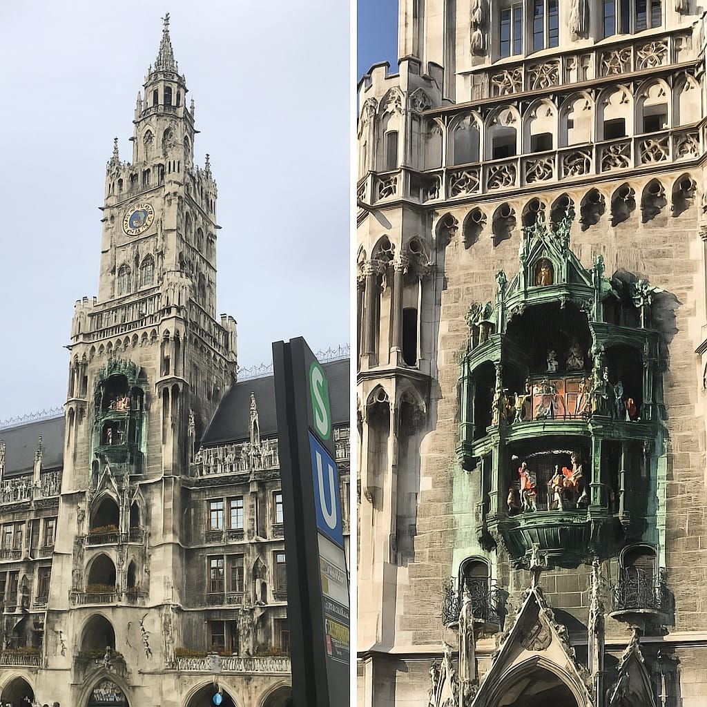 Mosaico com duas fotos da Marienplatz em Munique: a fachada neogótica da Nova Prefeitura e o Glockenspiel com figuras coloridas em destaque. Roteiro de 5 dias em Munique.