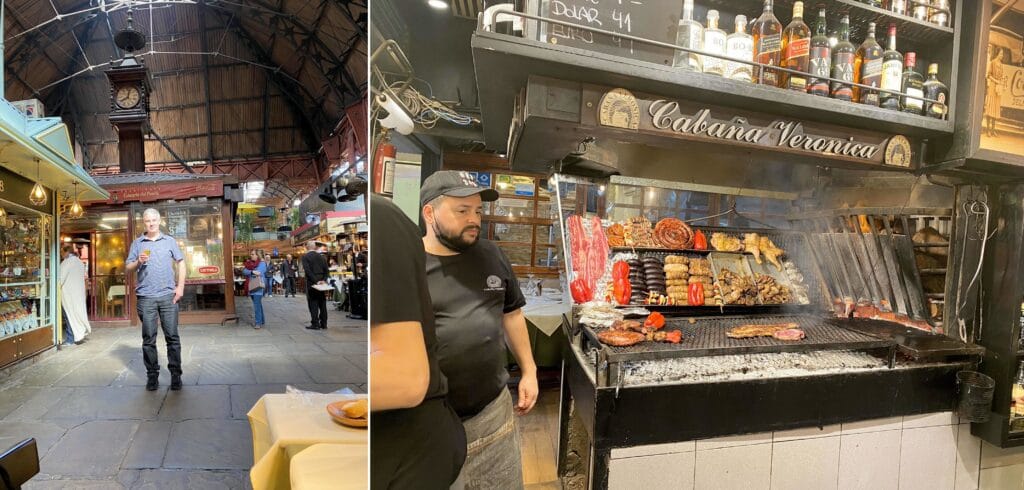 Mosaico mostrando parrilla uruguaia e interior do Mercado del Puerto em Montevidéu – Roteiro de 5 Dias no Uruguai