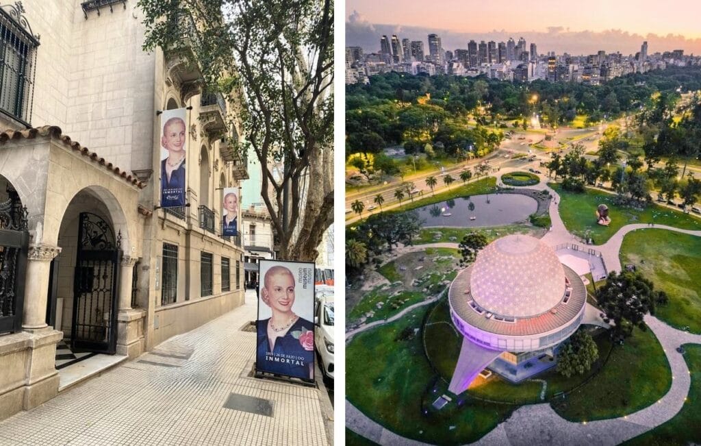 Fachada do Museu Evita em Buenos Aires ao lado de uma vista aérea do Planetário Galileo Galilei iluminado ao entardecer. Roteiro de 6 dias em Buenos Aires.