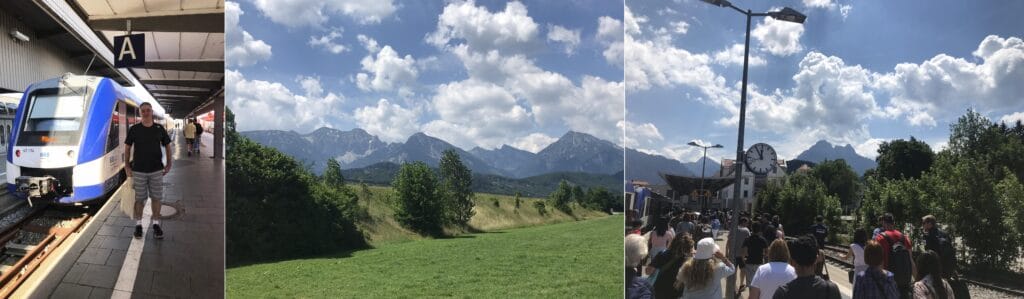 Mosaico com imagens da viagem de trem até o Castelo de Neuschwanstein, vista das montanhas da Baviera e chegada à estação de Füssen. Bate e volta ao Castelo de Neuschwanstein.