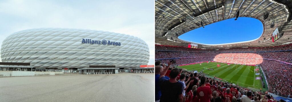Mosaico com duas fotos da Allianz Arena em Munique — uma vista externa do estádio e outra com o interior lotado durante um jogo de futebol. Roteiro de 5 dias em Munique.