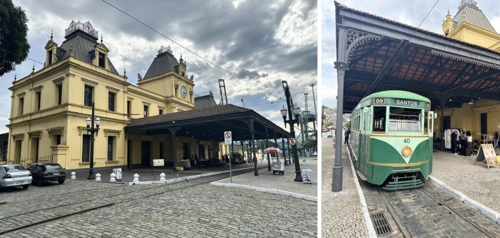 Fachada da antiga estação ferroviária de Santos e bonde histórico verde pronto para o passeio turístico – melhores pontos turísticos de Santos.