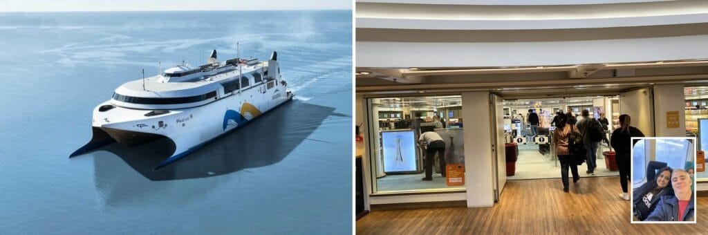 Mosaico mostrando o ferry Buquebus navegando, o free shop no terminal e um casal sorridente dentro do barco. Roteiro de 6 dias em Buenos Aires.