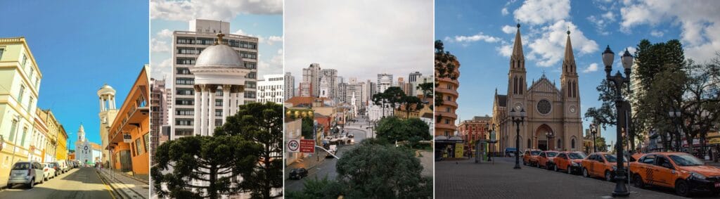 Mosaico de fotos do Centro Histórico de Curitiba, PR. Passeios imperdíveis Curitiba.