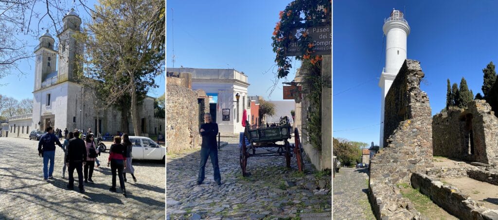 Roteiro de 5 Dias no Uruguai — passeio guiado pelo centro histórico de Colônia do Sacramento com fotos da Basílica del Santísimo Sacramento, Calle de los Suspiros e Farol de Colônia