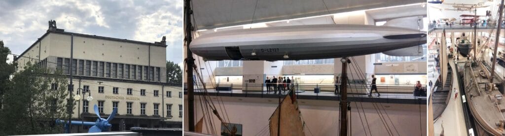 Fachada do Deutsches Museum e exposições internas com dirigível Zeppelin e barcos históricos. Roteiro de 5 dias em Munique.