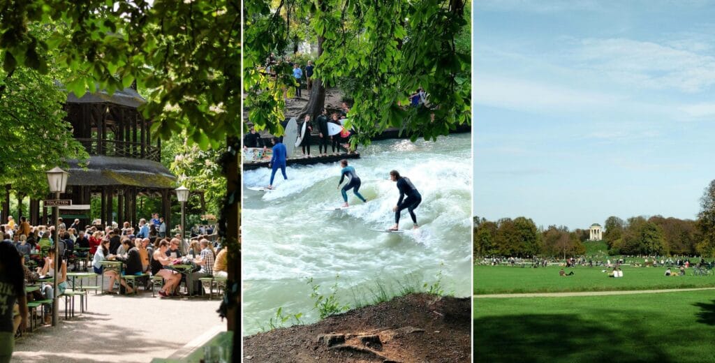 Mosaico com três imagens do Englischer Garten em Munique, incluindo a Torre Chinesa, o rio com surfistas e o templo Monopteros ao fundo de um gramado arborizado. Roteiro de 5 dias em Munique.