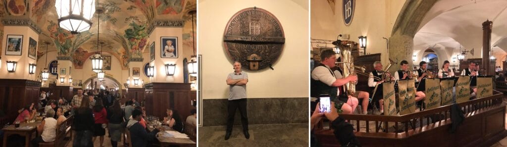 Mosaico com três fotos da Hofbräuhaus em Munique: interior com mesas e teto decorado, barril de cerveja com brasão da cervejaria e banda alemã tocando instrumentos tradicionais. Roteiro de 5 dias em Munique.
