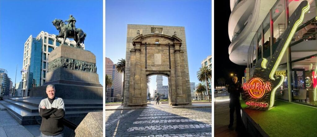 Mosaico com Puerta de la Ciudadela, estátua de Artigas e fachada iluminada do Hard Rock Café Montevidéu – Roteiro de 5 Dias no Uruguai