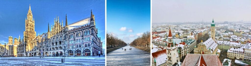 Mosaico de fotos de Munique no inverno com Marienplatz iluminada, canal congelado e vista panorâmica da cidade coberta de neve. Roteiro de 5 dias em Munique.
