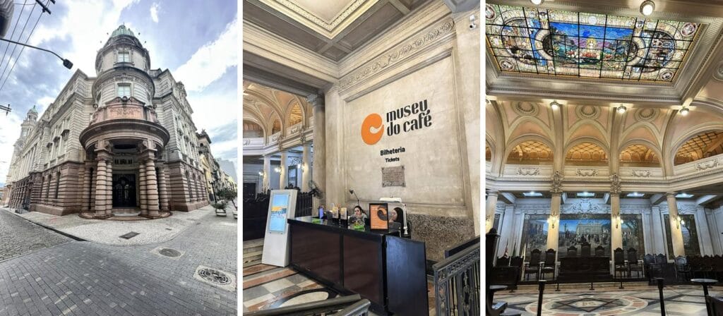 Fachada do Museu do Café, bilheteria interna e salão principal com vitral no teto e afrescos históricos – melhores pontos turísticos de Santos.