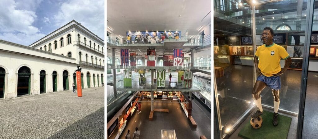 Fachada do Museu Pelé em Santos, vista interna com exposições e vitral, e estátua do jogador com uniforme da seleção – melhores pontos turísticos de Santos.