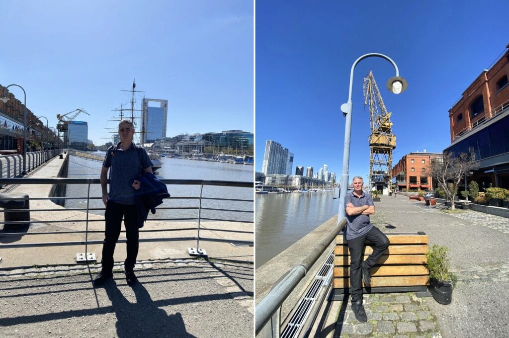 Mosaico com duas imagens de Puerto Madero em Buenos Aires, com o visitante posando diante do canal e das construções históricas de tijolos vermelhos. Roteiro de 6 dias em Buenos Aires.