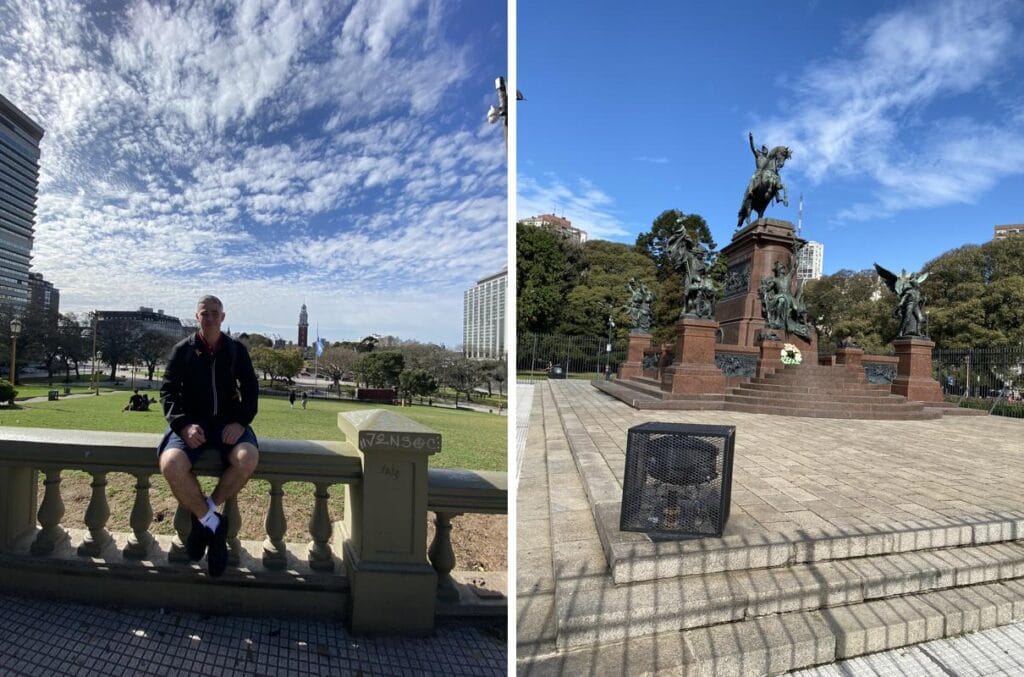 Mosaico com duas fotos de atrações históricas em Buenos Aires: à esquerda, a Torre Monumental vista de um gramado; à direita, o Monumento ao General San Martín com céu azul ao fundo.