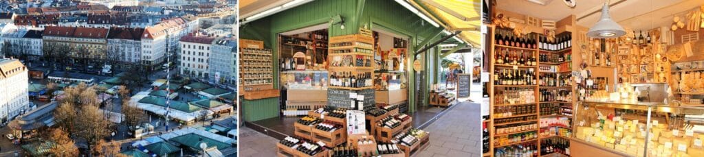 Mosaico com três fotos do Viktualienmarkt em Munique: vista aérea do mercado, vitrine de queijos e vinhos e barraca verde de produtos típicos. Roteiro de 5 dias em Munique.