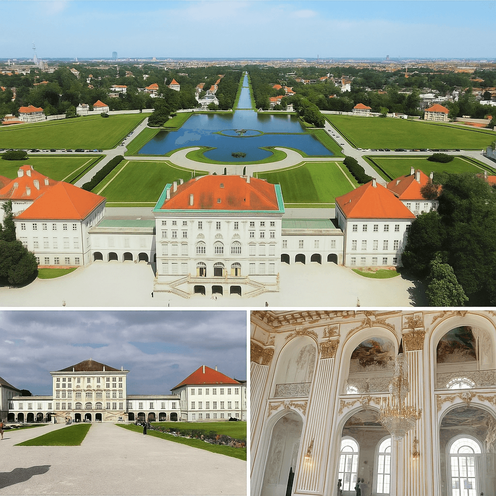 Mosaico com três imagens do Palácio Nymphenburg em Munique, incluindo vista aérea dos jardins, fachada frontal e salão decorado com lustres e afrescos. Roteiro de 5 dias em Munique.