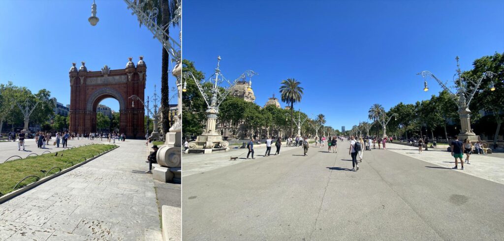 rco do Triunfo e Passeig de Lluís Companys durante roteiro de 3 dias em Barcelona, com céu azul e turistas aproveitando o dia ao ar livre.