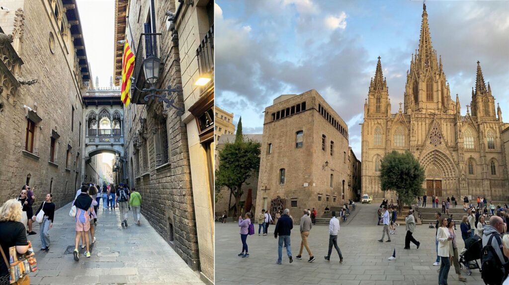 Bairro Gótico com a Ponte del Bisbe e a Catedral de Barcelona durante roteiro de 3 dias em Barcelona, mostrando ruas históricas e arquitetura gótica.