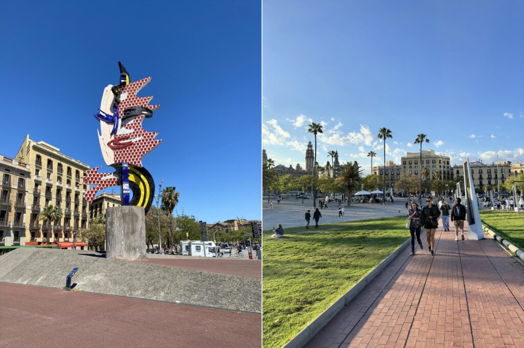 Escultura El Cap de Barcelona e passeio na Plaça de l'Ictineo durante roteiro de 3 dias em Barcelona, com céu azul e movimento de visitantes.