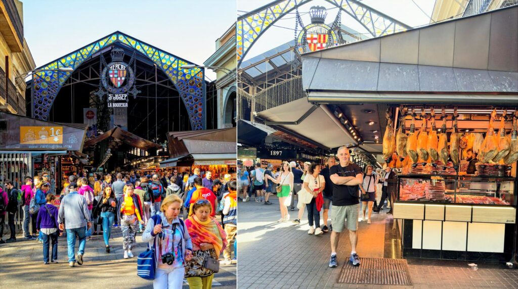 Fachada e interior do Mercado La Boqueria durante roteiro de 3 dias em Barcelona, com destaque para balcão de presuntos e movimento de turistas.