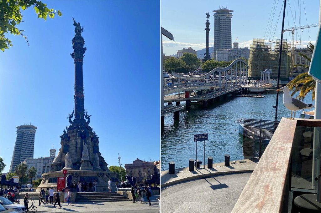 Monumento a Colombo e vista do Port Vell durante roteiro de 3 dias em Barcelona, com destaque para o cais, embarcações e gaivota.