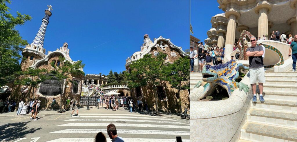 Mosaico com a entrada e a escadaria principal do Parc Güell, ideal para ilustrar um roteiro de 3 dias em Barcelona